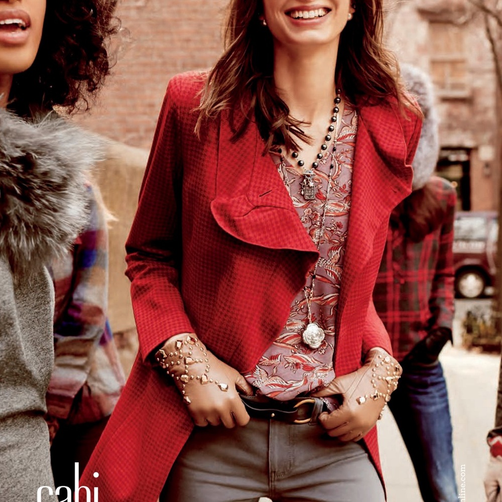 CAbi Celebration Red Jacket Coat Houndstooth, Ruffle Pleat